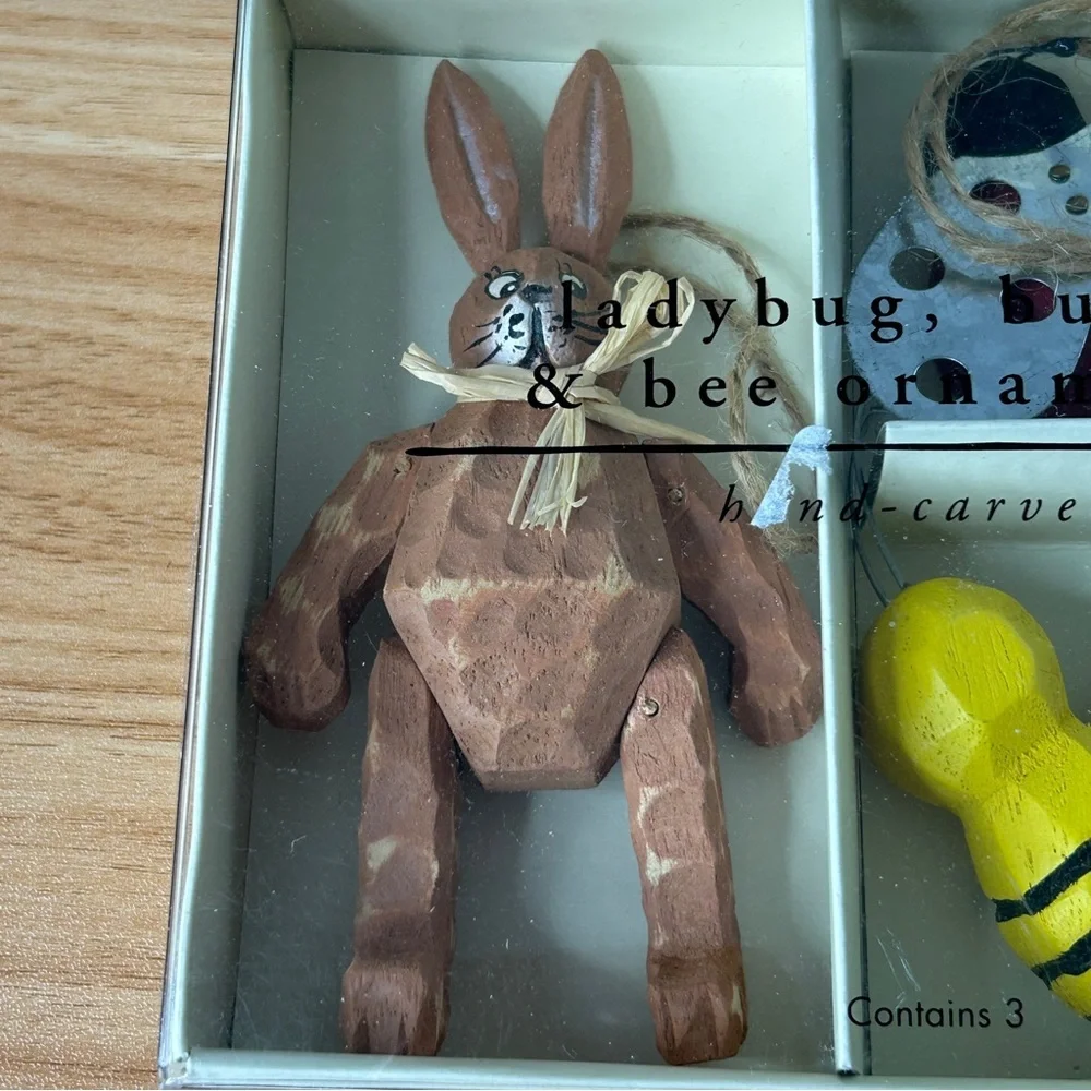 Ladybug Bunny and Bee Ornaments Pier 1 Imports Hand Carved Wood Artsy Rustic